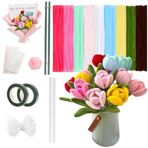 FANGCCC Pfeifenreiniger Blumen Set, 400 Pfeifenputzer zum Basteln, Bunt | 8 Farben Chenilledraht mit 20 Blumenstielen, Floristenband und Zubehör für bunte DIY Blumensträuße