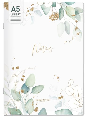 Häfft paper&you® Notizheft A5 liniert Blattgold | Softcover Notizbuch ideal für unterwegs, Schule, Arbeit & Co: abgerundete Ecken, 90 g/m²-Papier & 64 nummerierte Seiten