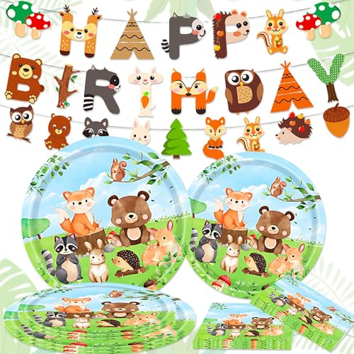 JeVenis 54pcs Waldtiere Safari Partygeschirr Geburtstag Banner Deko Geschirr Papier Teller Servietten für Geburtstag Party