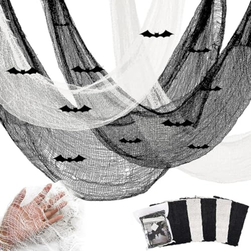 Tela decorativa de Halloween, juego de tela espeluznante para interior y exterior, decoraciones de tela espeluznante de Halloween, telas blancas y negras con pegatinas de murciélago 3D (3 negros+2