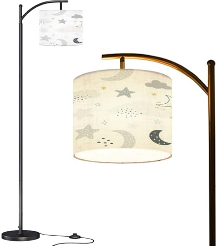 Arc Floor Lamp Nursery Seamless Sky Half Moon Stars Clouds White for Kids Tall Standing Lamp Modern Dimmable with Remote Adjustable Drum Shade Footswitch for Living Room Bedroom Office