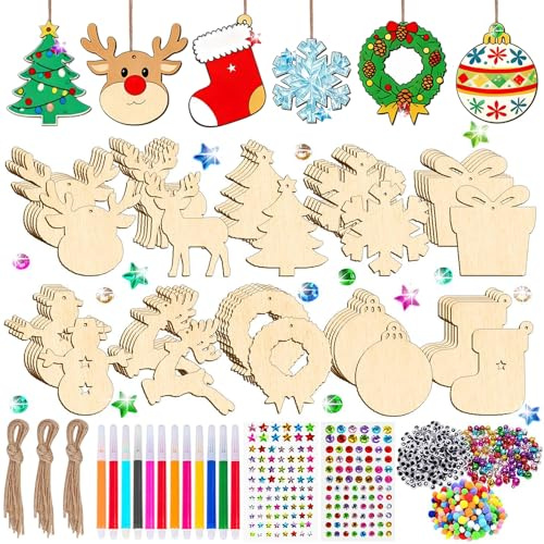 MEISHANG Holzanhänger Weihnachten zum Bemalen,264 Stück Holzanhänger Weihnachtsbaum,Basteln Weihnachten Kinder,Weihnachtsdeko Anhänger,Weihnachtsbaum Deko Holz