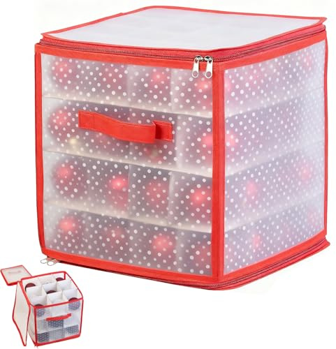 DFADKYWU Aufbewahrungsbox für Weihnachtskugeln, Weihnachtskugeln Aufbewahrung für 64 Kugeln, Faltbare, Transparente Weihnachtskugel-Aufbewahrungsboxen mit Trennwänden, Weihnachtsornamente (Rot)