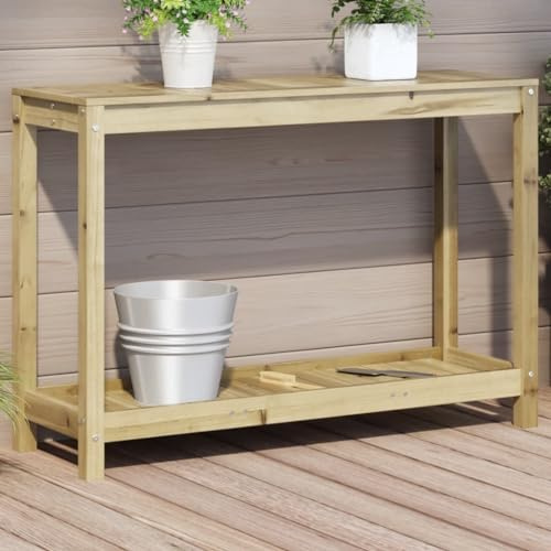 Table de Plantation avec Étagère, en Pin Imprégné, Design Fonctionnel avec Plateau à Lattes, Table d'appoint et Porte Plante Interieur, pour Jardin, Terrasse, Balcon, Naturel, 108 x 35 x 75 cm