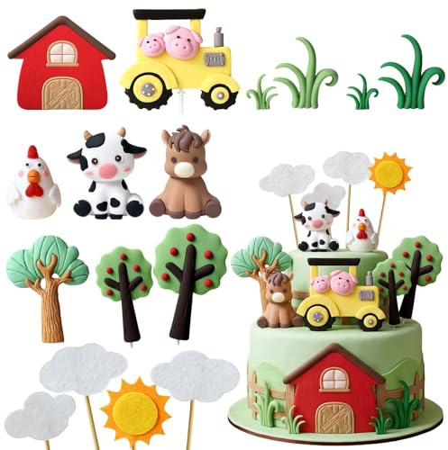 Farm Animal Cake Decoration 16pcs Cartoon Animal Birthday Cake Toppers, Pig Cow Horse Chicken Cupcake Toppers for Farm Animal Baby Shower Birthday Party Decorations