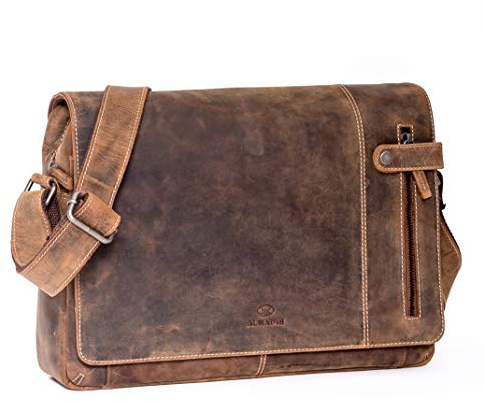 ALMADIH Leder Umhängetasche DYLAN Premium Rindsleder - Ledertasche mit Laptop Fach 15 Zoll Aktentasche Messenger Unitasche Schultertasche Freizeittasche Tragetasche braun (DYLAN vintage)