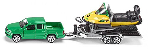 siku 2548 Coche con remolque y moto de nieve, Remolque inclinable, 1:55, Metal/Plástico, Verde/Amarillo