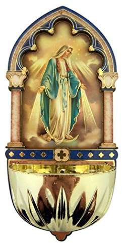 Religious Gifts Our Lady of Grace Gold Embossed Laser Cut Wood Multi-Dimensional Holy Water Font, 5 Inch