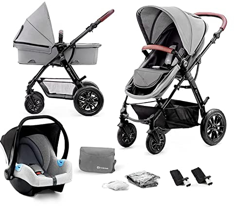 kk Kinderkraft Kinderwagen 3 in 1 MOOV, Kinderwagenset, Sportwagen, Buggy, Babyschale, Große Räder, Luftreifen Hohe, Verarbeitungsqualität, Bequemer, grau