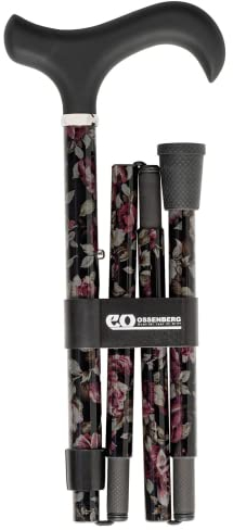 Faltbarer Gehstock mit Derbygriff – Wanderstock aus Leichtmetall - Gehhilfe mit breitem Griff - Derbygriff mit Softtouch-Beschichtung – stabiler Leichtmetallgehstock (Rosenmuster)