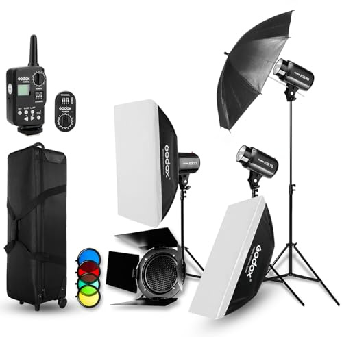 Godox 3PCS E300 300W Strobe Studio Flash Light Kit, with Godox FT-16 Flash Trigger,Photographic Lighting Strobes, Carry Box,Barn Doors, Light Stands,Triggers,Umbrellas, Soft Box
