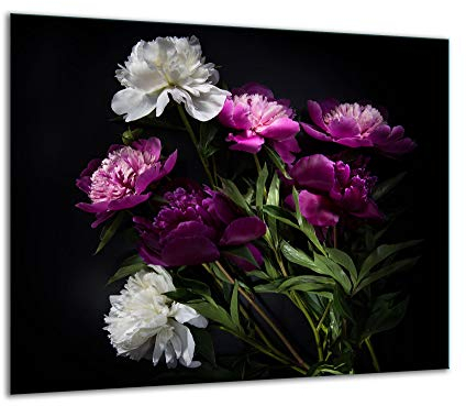 TMK Plaque de recouvrement pour cuisinière électrique, à induction, 60 x 52 cm, en verre, décorative, anti-éclaboussures, planche à découper, noire, motif de fleurs