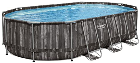 Bestway Power Steel Frame - Juego Completo de Piscina con Bomba de Filtro, 610 x 366 x 122 cm, Aspecto de Madera (Roble Mooreiche), Ovalado