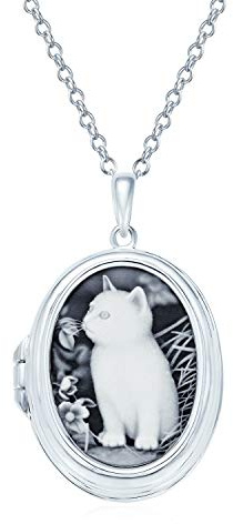 Benutzerdefinierte Eingraviert Hält Bild Vintage Antiken Stil Simuliert Schwarz Weiß Onyx Sitzende Kätzchen Oval Katze Cameo Foto Medaillon Anhänger Halskette Für Frauen Teen .925 Sterling Silber