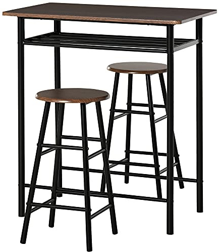 HOMCOM Set Bancone Bar con 2 Sgabelli Alti in Legno Stile Nordico Nero