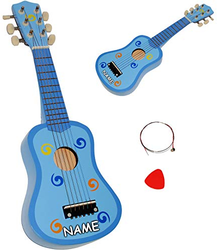 alles-meine.de GmbH Gitarre aus Holz - 6 Saiten - stimmbar - Konzertgitarre - Klassik - Blau - inkl. Name - haltbare Metall & Nylonsaiten - 54 cm - mit Plektrum & 6 Stück Ers..