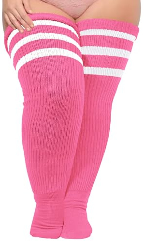 Plus size lårhöga strumpor för tjocka lår- extra långa randiga tjocka över knästrumpor - benvärmare stövelstrumpor, Rosa och vit, Large Plus