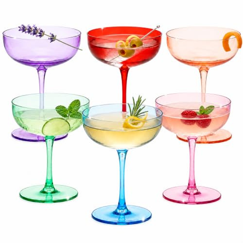 Colored Coupe Glasses - Martini , Cocktail & Champagne Glasses 7oz | Set of 6 | Cute & Colorful Pastel Colored Crystal Cocktail Glassware , Fun Classic Goblet Cocktails Glass, Stemmed Ripple Glassware
