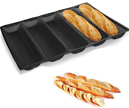 Meajore Padella per baguette, teglia per pane antiaderente in silicone perforato, 5 fessure per pane francese (45 x 34 x 3,6 cm)