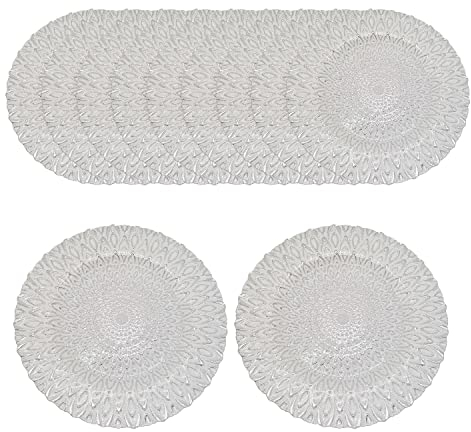 WedDecor Set di 12 sottopiatti rotondi da 33 cm, per centrotavola, presentazioni, matrimoni, banchetti, feste di Natale, decorazioni da tavola, motivo pavone argento