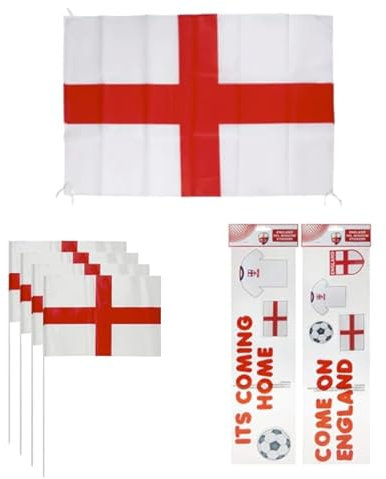 England Football Decorations St George England Flag with String 76cm x 50cm PLUS x4 St George Plastic Hand Flags with Sticks 12” x 8” & Window Stickers