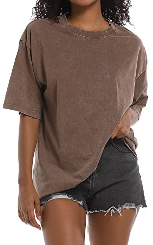 BINTEHGS Oversized Grunge Vintage t Shirts for Women Short Sleeve Cotton Casual Baggy Tees Teens Trendy Crew Neck Loose Tops（Coffee,L）