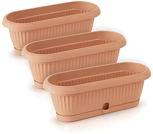 Lot de 3 pots de fleurs ovales en terre cuite DCK en plastique 26,5 x 12,4 x 10 cm pour intérieur extérieur en terre cuite, volume 2 litres, design classique