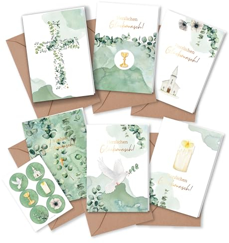 Papierdrachen 6 Glückwunschkarten für christliche Feste wie Taufe, Kommunion, Konfirmation, Firmung - Motiv Eukalyptus - Klappkarten mit Umschlag und passenden Stickern- DIN A6 - Set 1