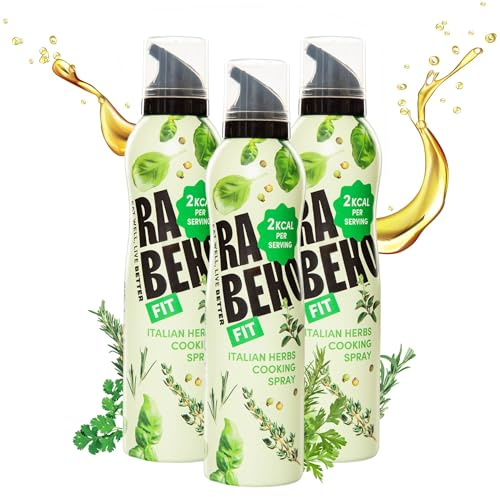 Rabeko Zero spray de cuisson faible en calories | HERBES ITALIENNES | 800 portions, 2 kcal par pulvérisation | Spray pour frire, griller et cuire | sans additifs, sans sucre|sans gluten 3 x 200ml