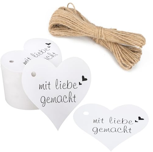 G2PLUS mit liebe gemacht Etiketten Anhänger, 100Stk Herz Kraftpapier Geschenkanhänger zum Basteln, Weiß Herzanhänger mit Schnur zum Selbstgemachte Geschenke Einzupacken