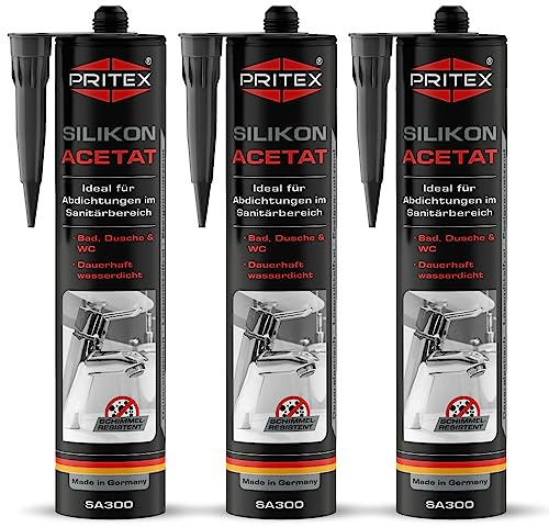 PRITEX – Sanitär Silikon anthrazit 3x 300 ml zum Abdichten & Verfugen – Acetat für Bad, Dusche & WC – wasserdicht, langlebig & schimmelresistent – Fugendichtmasse mit sehr guter Haftung