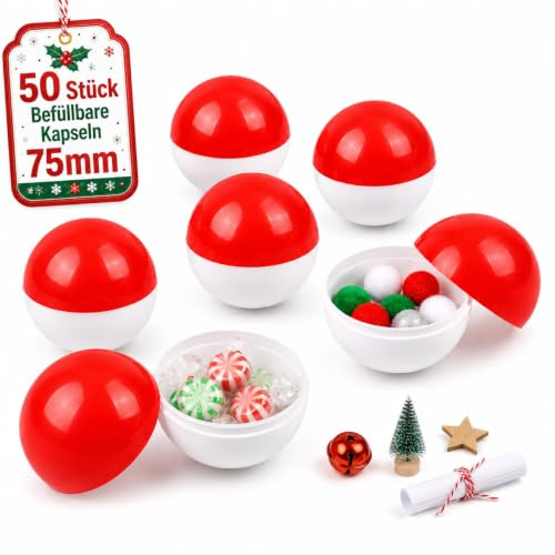 jojofuny 50 Stück Befüllbare Kapseln 75mm Groß Kunststoff Kapseln Rot-Weiß | Teilbare Plastikkugeln und Leere Tombolakugeln für Party Mitgebsel, Weihnachten und Gewinnspiele