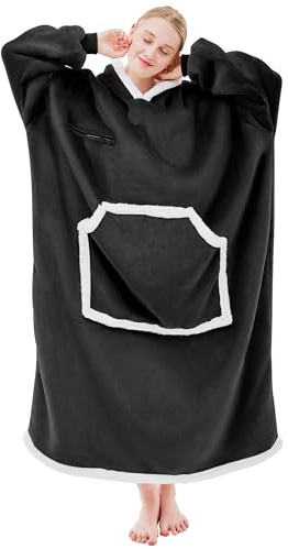 IFNOW Tragbarer Decken-Hoodie, übergroßes Sherpa-Fleece-Kapuzen-Sweatshirt mit Augenmaske, gemütlicher und riesiger Decken-Hoodie mit Ärmeln, extra lang, für Erwachsene, Herren, Damen, Schwarz