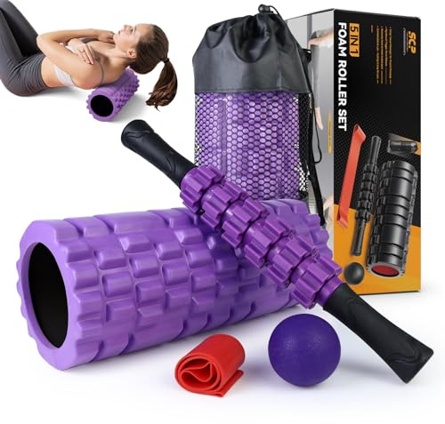 Set di rulli in schiuma 5 in 1 per massaggio muscolare profondo, ad alta densità, trigger point fitness, rullo in schiuma brevettato, rullo massaggiante, palla per massaggio, fascia di resistenza, per