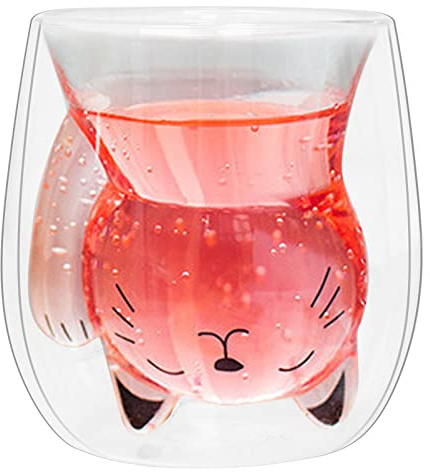 Dokeno Kaffeetasse, 1 Stück Doppelwandige Gläser aus Borosilikatglas, 200 ML Double-Walled Glas Süße Tassen, Katze Latte Macchiato Becher für Persönlichen Geburtstag, Valentinstag und Büro (Klar)