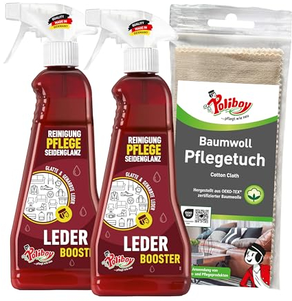 POLIBOY - Limpiador de piel para ropa y muebles, limpiador de piel con efecto de cuidado, 2 x 375 ml, con paño de algodón, fabricado en Alemania