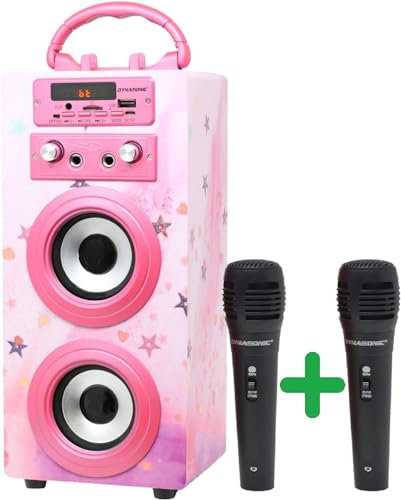 Machine à Karaoké Portable DYNASONIC avec 2 Micros, Enceinte Haut-Parleur Bluetooth, Designs Exclusifs, Lecteur USB/SD, Lumières, Cadeau pour Enfants (Modele 15)