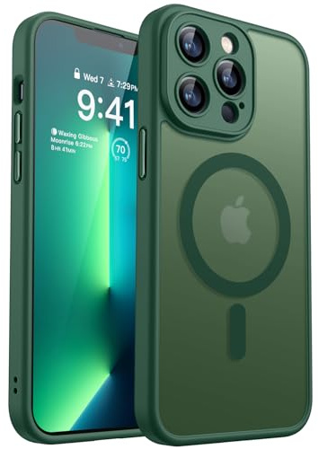 CANSHN für iPhone 13 Pro Hülle mit Kameraschutz, Dunkelgrün | Vollständiger Kameraschutz, kompatibel mit MagSafe, lichtdurchlässig, matt, militärischer Schutz, kratzfest, schmale Passform