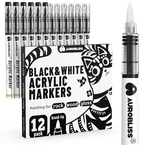 Aurobliss Acrylic Paint Pens White and Black, 12pcs Acrylic Paint Pens for Rock Painting, Ceramic, Glass, Wood Fabric, Acrylic Paint Brush Marker Pens Set