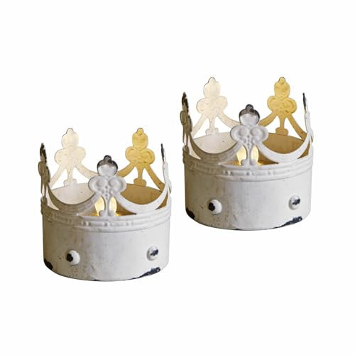 Loberon LED-Windlicht 2er Set Ugnéville, Nostalgisches Antik-Finish, Filigrane Kronen-Designs, Praktischer Batteriebetrieb, Weihnachtsdeko, Weihnachten, Eisen, antikweiß
