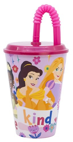Stor Bicchiere Bambini con Coperchio e Cannuccia Principesse Disney 430ml - Bicchiere Riutilizzabile in Plastica Resistente - Anti-Goccia