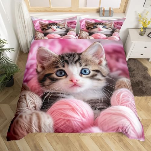 Loussiesd Nette Katze Bettwäsche Set 135x200cm Mädchen Rosa Katzen Bettbezug Set für Kinder Tiere Thema Bettwäscheset Stricken Wolle Ball Druck Betten Set mit 1 Kissenbezug, Reißverschluss