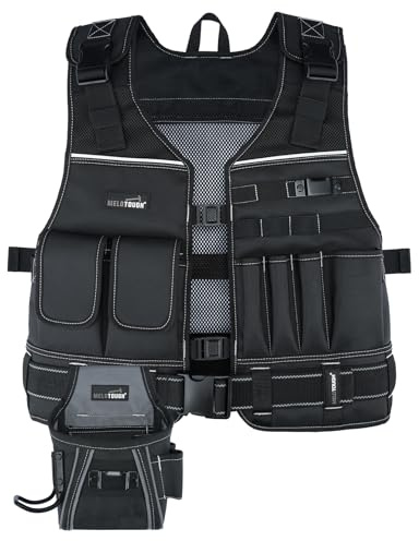 MELOTOUGH Tool Vest for Men with Pouches and Belt, Adjustable Multi-Pocket Safety Tool Vest with Reflective Strips for Carpenter, Electrician, Construction, Plumber (Black)