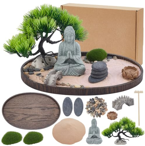 WEBEEDY Kit de Jardin Zen pour Bureau Kit d'art de Sable de Bureau Japonais avec Bouddha Arbre Bonsaï Sable et Accessoires Décoratifs Cadeau Spirituel pour Femmes et Hommes 30.6x16.5cm