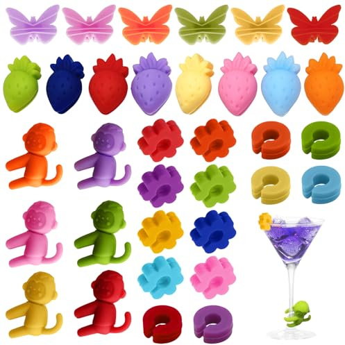 Alovez 34 Stück Glasmarkierer Silikon Glas Markierung Trinkgläser, Wein Marker Trinkgläser, Bunte Glas Markierung Weinglasmarkierer für Party Hochzeit Bar Tassen, Trinkglas