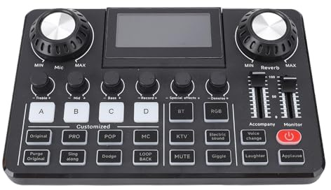 Depisuta Tarjeta de sonido en directo, mesa de mezclas de sonido profesional con cambiador de voz, pantalla LED ajustable, luces RGB, mezclador de audio para streaming, podcasting
