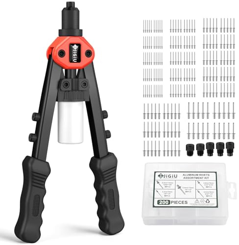 JiGiU 13 Professional Rivet Gun Rivet Tool Pop Rivet Gun Kit Hand Riveter Tool Set with 3.2/4.0/4.8/6.0/6.4mm 200Pcs Rivets Riveter Tool for Automotive Railway Furniture Instrument (Red, 13 inch)