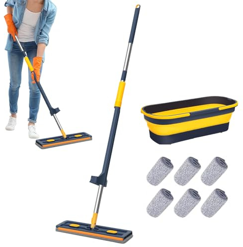 Grand Balai Plat Et Système De Seau, 360° Rotation Balai Serpillère Absorbant avec 6 Coussinets en Microfibre Réutilisables Secs Et Mouillés (Bleu + 6 Pcs Rag + Seau)