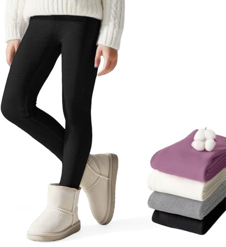 Baogaier Termoleggings fodrade vinter termobyxor med fleece barn bomull bekväm hög midja tjocka varma leggings enfärgad långa byxor termoleggings för 6–12 år, svart, 9-10 år