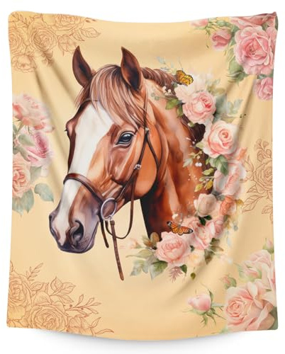 Horse Blanket for Girls Daughter Mom, Rose Floral Throw Blankets for Horse Lovers 40x50 Inches Soft Cozy All Season Flower Throw for Sofa Couch Bed Trip Office